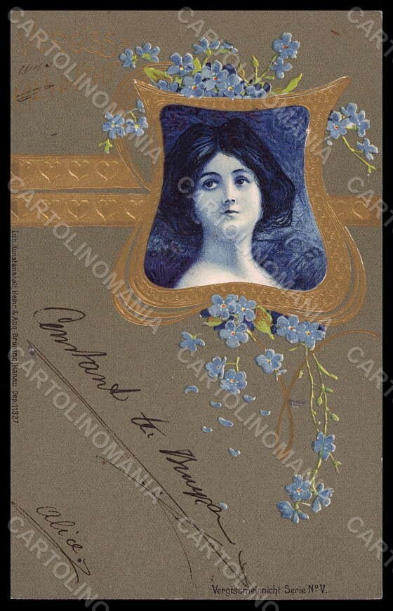 Cartolina Artista Firmata Jozsa Lady Myosotis Art Nouveau Serie V VK7019
