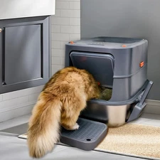 Full Enclosed Stainless Steel Cat Litter Box Front Entry Top Exit w/ Pedal & Mat