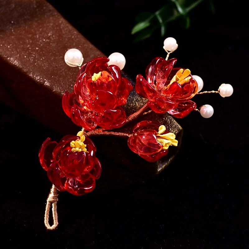 Red Butterfly Flower Hairpin Glass Hair Clip Vintage Chinese Style Accessory - Image 2 of 4
