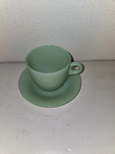 FIRE KING JADEITE RESTAURANT WARE C HANDLE Tea Cup And Saucer