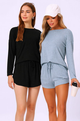 Cheibear Damen Schlafanzug Langarm Oberteil & Shorts Lounge Set