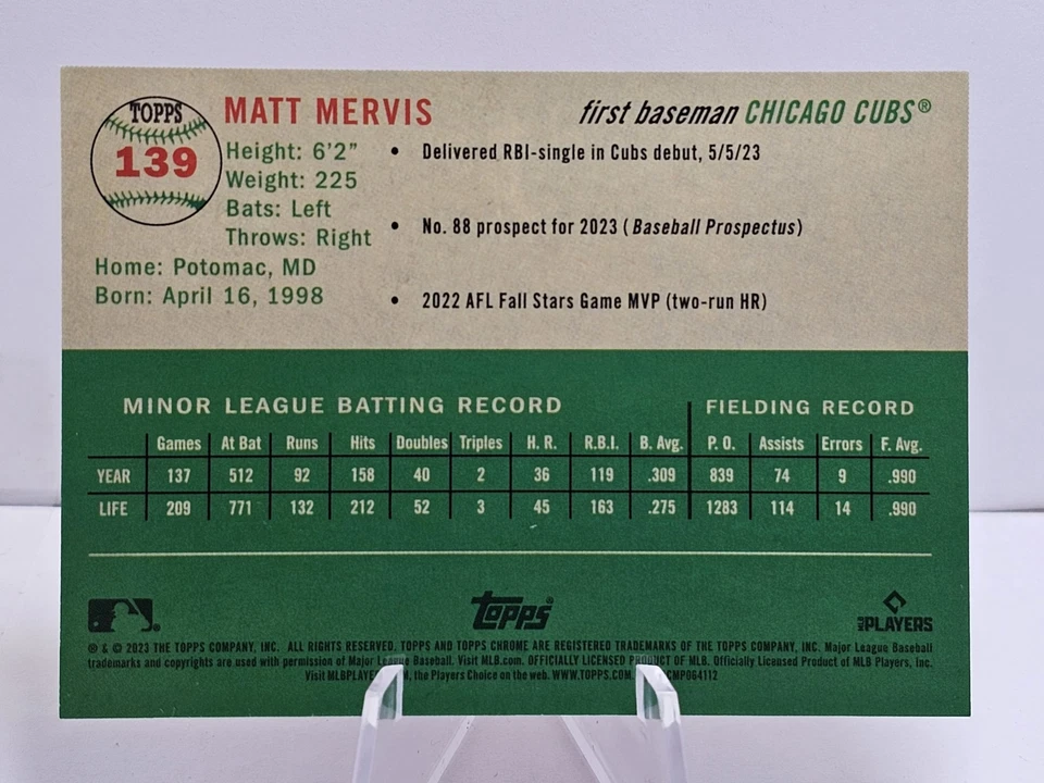 2023 Topps Chrome Platinum Anniversary Matt Mervis #139 RC Orange Ref #'d /25 - Image 2 of 2