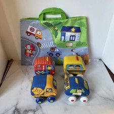 Lot Of 4 Melissa  Doug K's Kids Pull-Back Vehicles Bus, Fire, Police, Cement