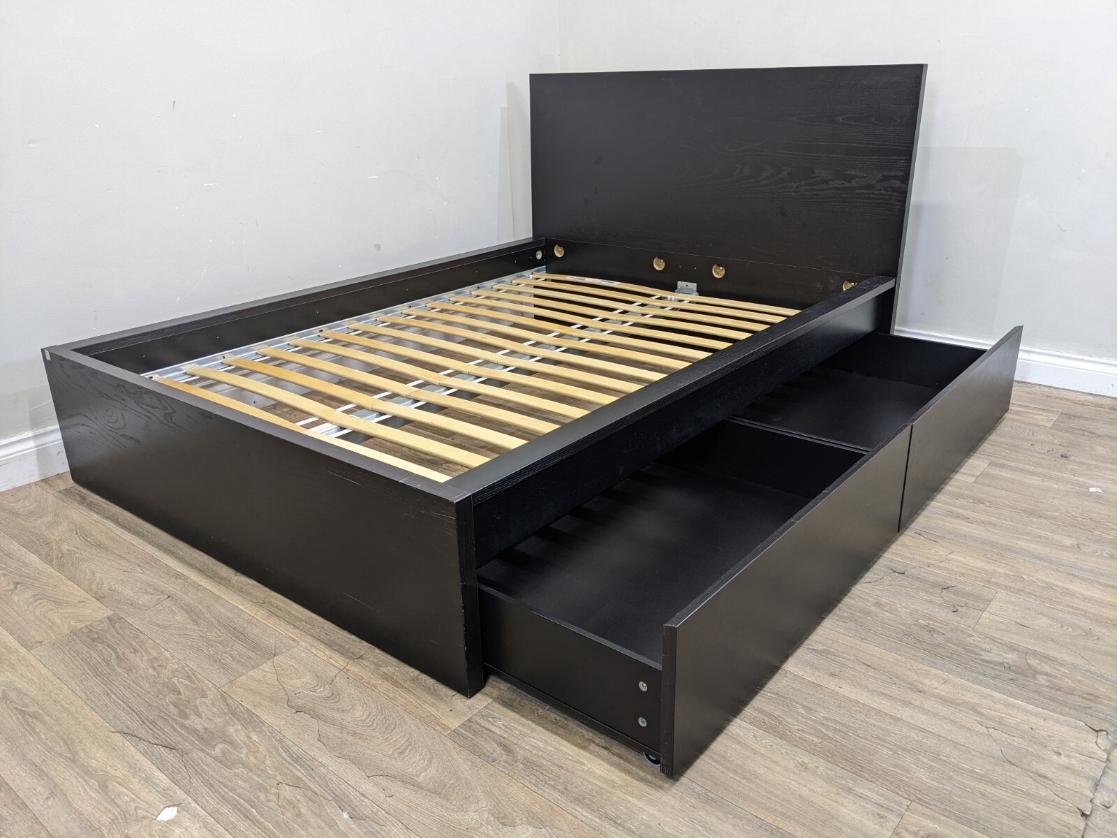 DOUBLE BED FRAME Ikea Malm Solid Black Ash With 2 Wheeled Underbed