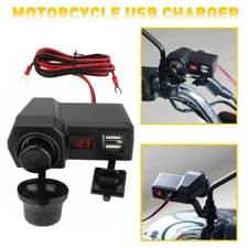 Motorcycle Handlebar Cigarette Lighter Socket Dual USB Charger W/ LED Voltmeter