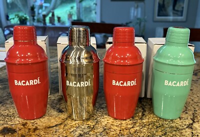 4 New In The Box bacardi shakers - Green, Red, and Silver