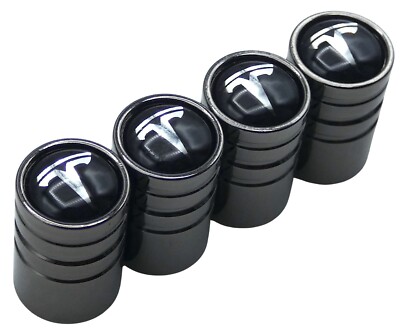 4x Tesla Tire Valve Stem Caps For Car, Truck Universal Fitting (Metallic Black)