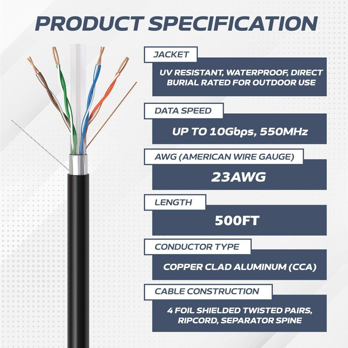 500FT CAT6 FTP Outdoor Ethernet Cable 23AWG UV Rated Direct Burial Solid Wire