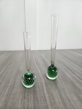 Vintage Bud Vase Controlled Bubbles Vibrant Green Glass Base. MCM. Set Of 2.