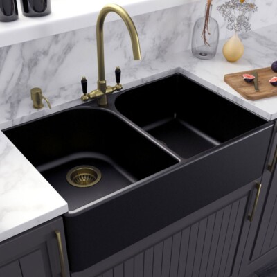 LSC Butler 795 2.0 Schüssel matt schwarz Keramik Küchenspüle & Bronze Ablauf