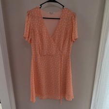Modern Renewal Peach Polka Dot Wrap Dress Flutter Tie Short V-Neck S