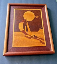 MCM Vintage Wood Marquetry Inlay Wall Art Sailboat Lighthouse USA