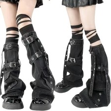Women Punk Boot Cover Stockings Metal Buckled Pocketed Denims Flared Leg Warmer