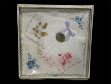 Vintage boxed set 3 floral cotton handkerchiefs embroidery styled in Switzerland