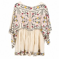 Free People Babydoll Boho Embroidered Mini Dress Medium Cream Open Back Cottage