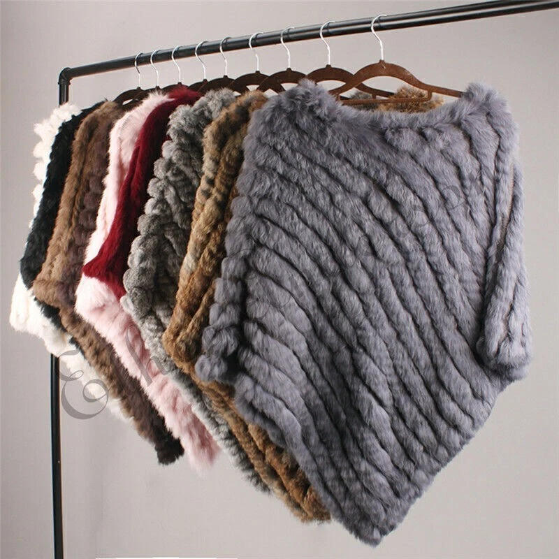 Real Rabbit Fur Poncho - Premium Winter Cape, Hand Knitted & Warm