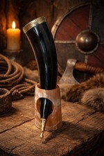Viking Drinking Horn with Stand Natural Finish Genuine Ox Brass Rim & Tip 12 Oz