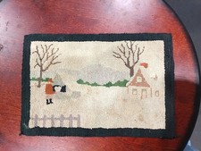 Antique 8" by 12" Grenfell Labrador Hooked Mat Winter Scene