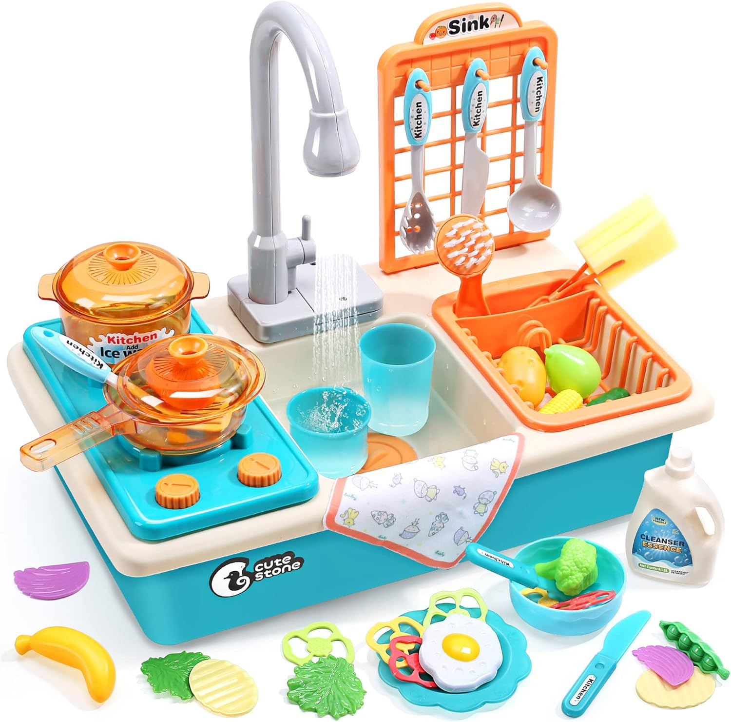 Cute Stone Play Kitchen Sink Toy with Real Faucet Stove and Play Food Set