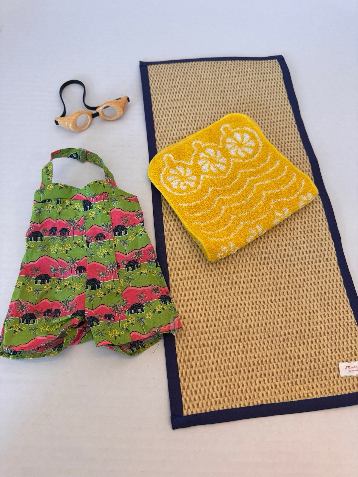 American Girl 18" Nanea Retired Island Swimsuit Goggles Towel Mat Complete Set