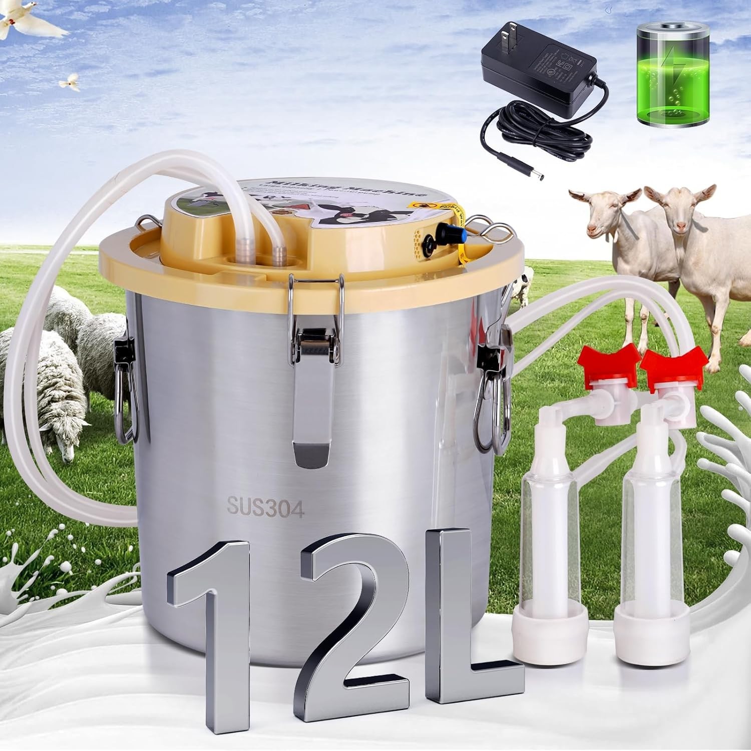 12L Goat Milking Machine for Sheep& Goat Auto Pulsation Vacuum Rechargeable Pump