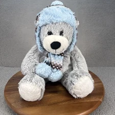 Hugfun International Gray Plush Soft Teddy Bear With Blue Winter Hat & Scarf