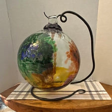 Art Glass Decorative Ball Orb Sphere, Abstract Multicolor Clear Glass, Stand