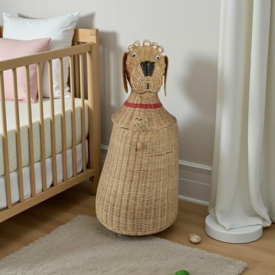Wicker Dog Basket Hamper Laundry Puppy Collar Animal Novelty Vtg 70's MCM 31'' 