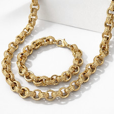 Mens 12mm Patterned Belcher Chain Necklace And Bracelet  Set 18k Gold Layered