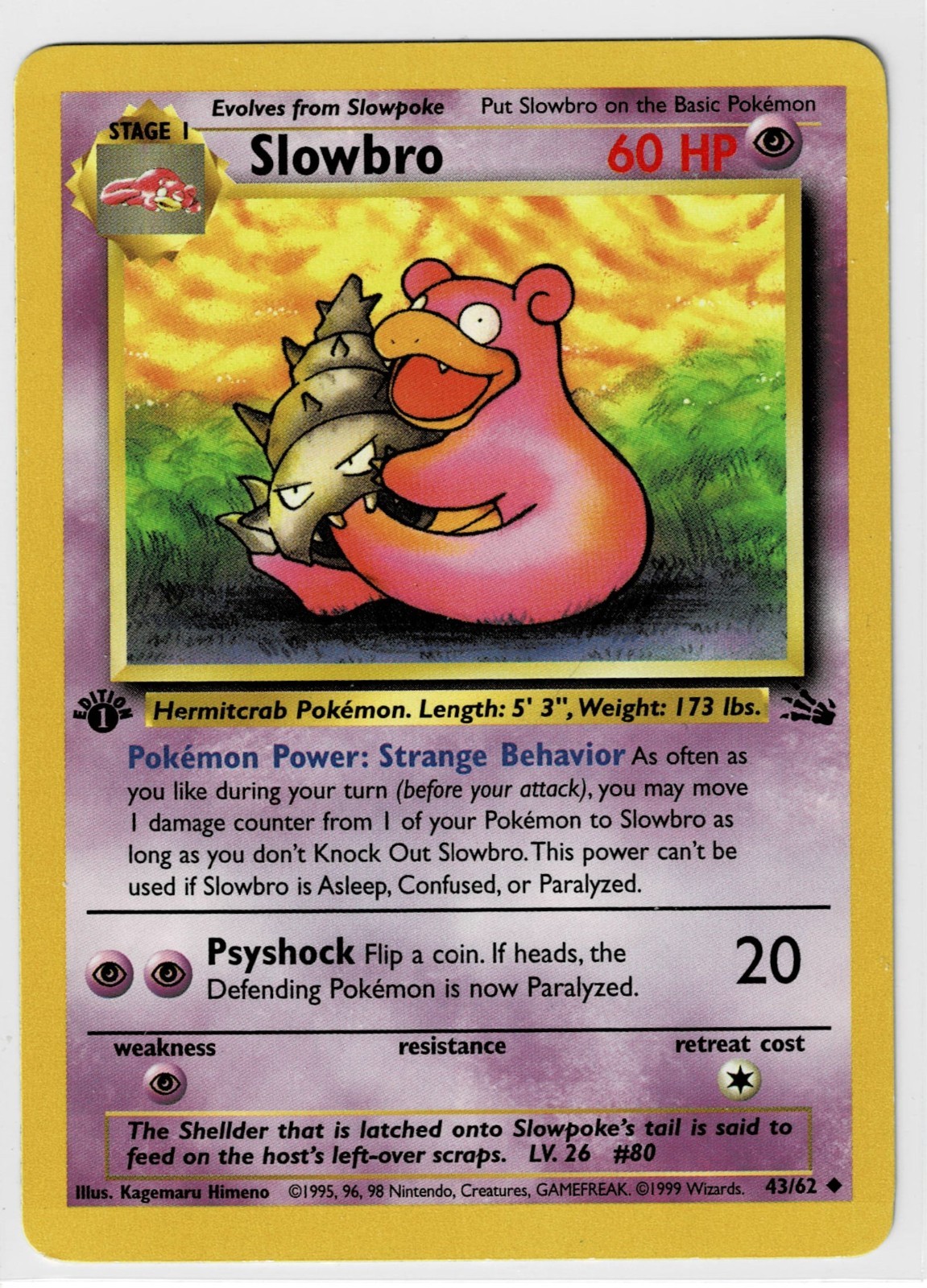 Slowbro 43/62 Pokemon Fossil 1st Edition Uncommon LP
