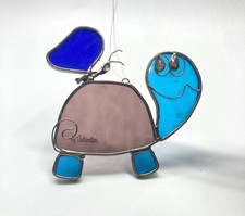 Vintage Suncatcher Happy Turtle w/ Butterfly on Back Stained Glass Window Hanger