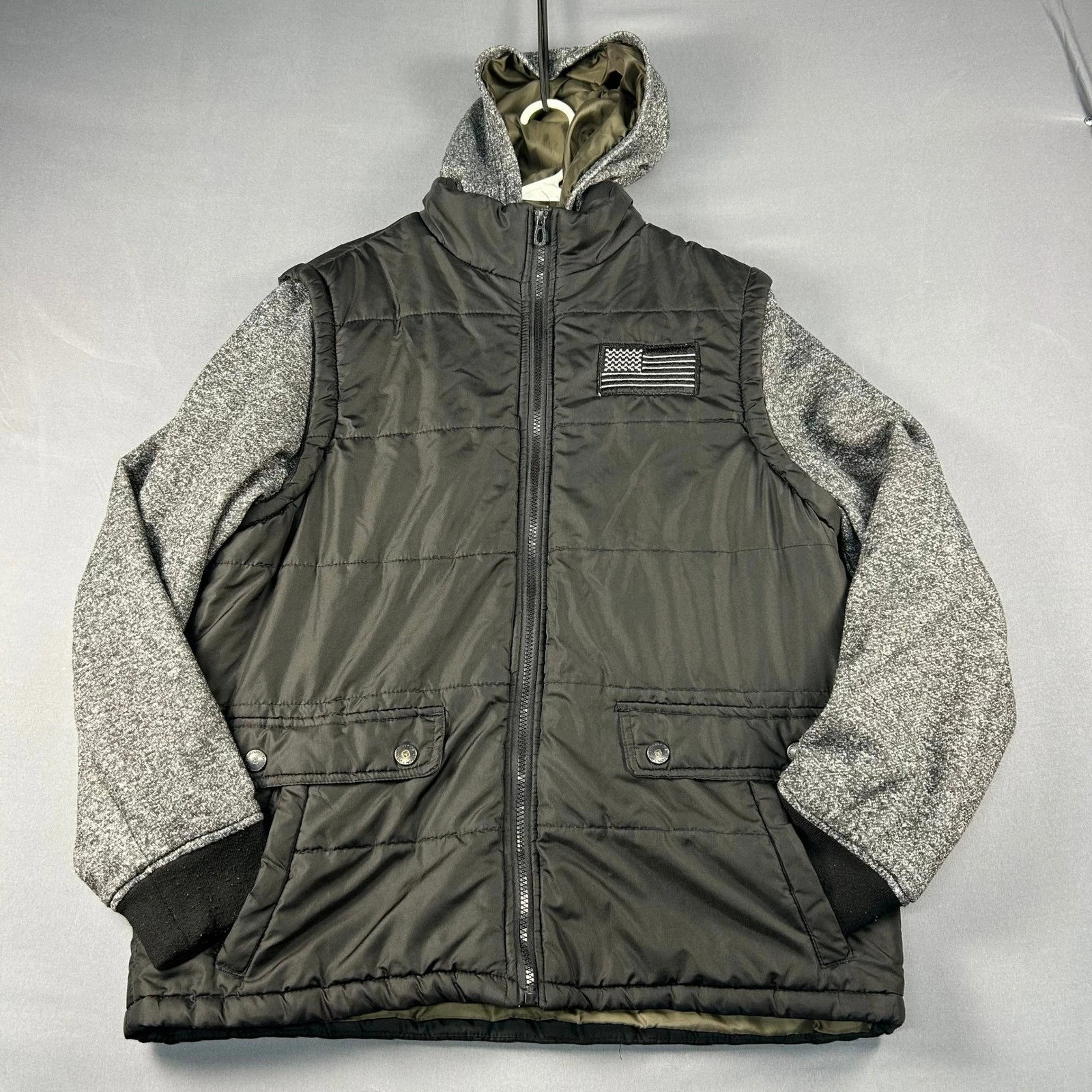 Distortion Mens Large Black Grey Hybrid Puffer Jacket Vest Knit Sleeves Flag L - product detail image 1