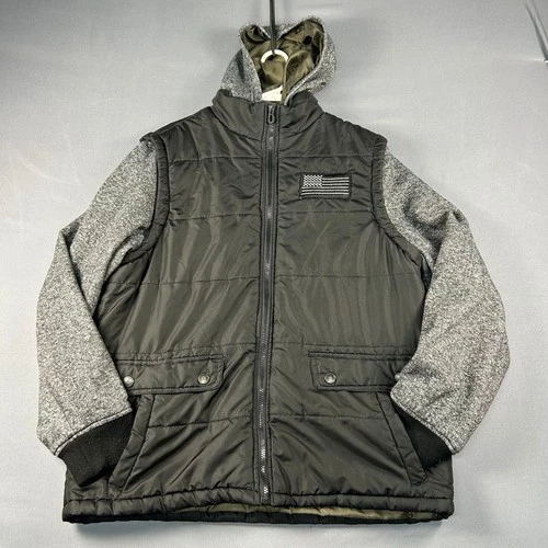 Distortion Mens Large Black Grey Hybrid Puffer Jacket Vest Knit Sleeves Flag L video thumbnail