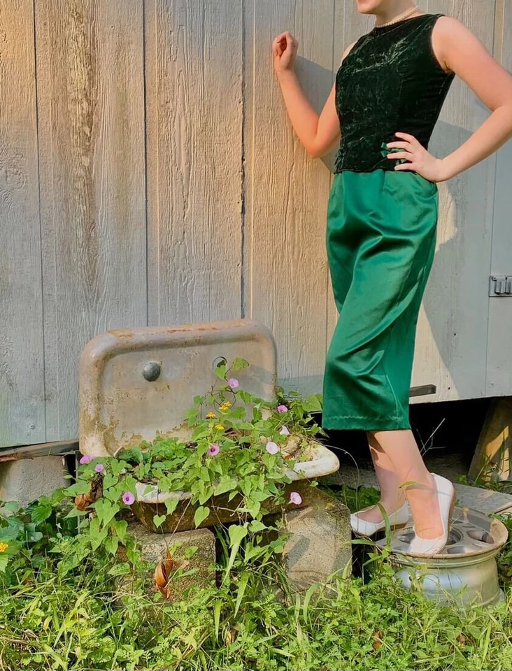 Jessica McClintock Bridal Emerald Velvet Satin Dress Regency Gown Vintage 80s - Image 2 of 4