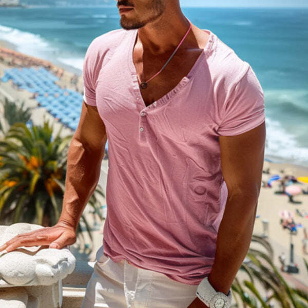 Plus Size Men's Thin Type With Button V-neck Solid Color Casual T-shirt