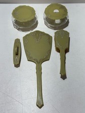 VINTAGE GREEN CELLULOID VANITY DRESSER SET 5 PIECES MIRROR BRUSH CONTAINERS