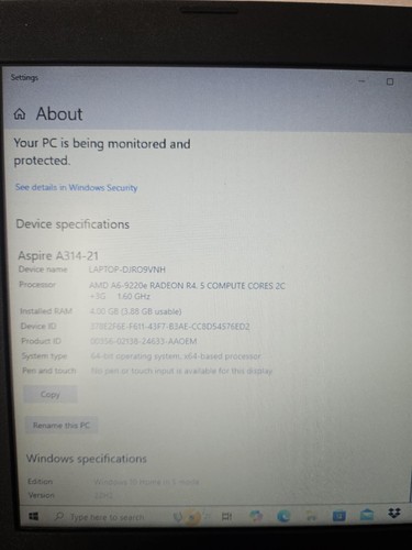 Acer Aspire A314-21 14" 7. Gen Full HD Laptop 128Gb SSD 4Gb R4 Win 10 - Bild 2 von 10