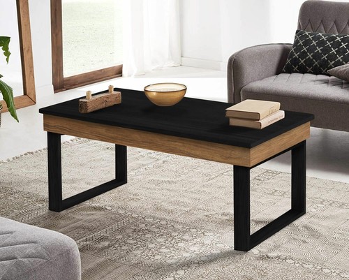 Mesa de Centro Elevable Diseño Madera Maciza Natural y negro, madera maciza - Imagen 4 de 4