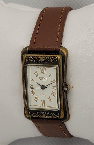 Ladies Vintage Guess 1989 Rectange Gold Tone Brown Leater Band Watch L5 - Picture 2 of 9