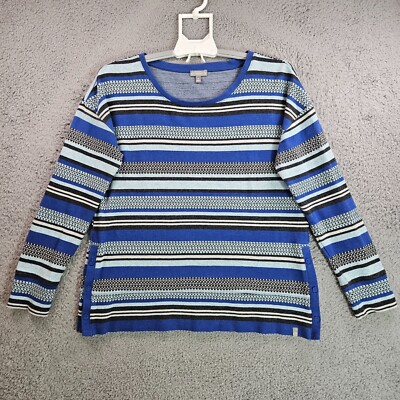 T by Talbots Sweater Top Women Medium Knit Blue Gray Tone Geometric Print