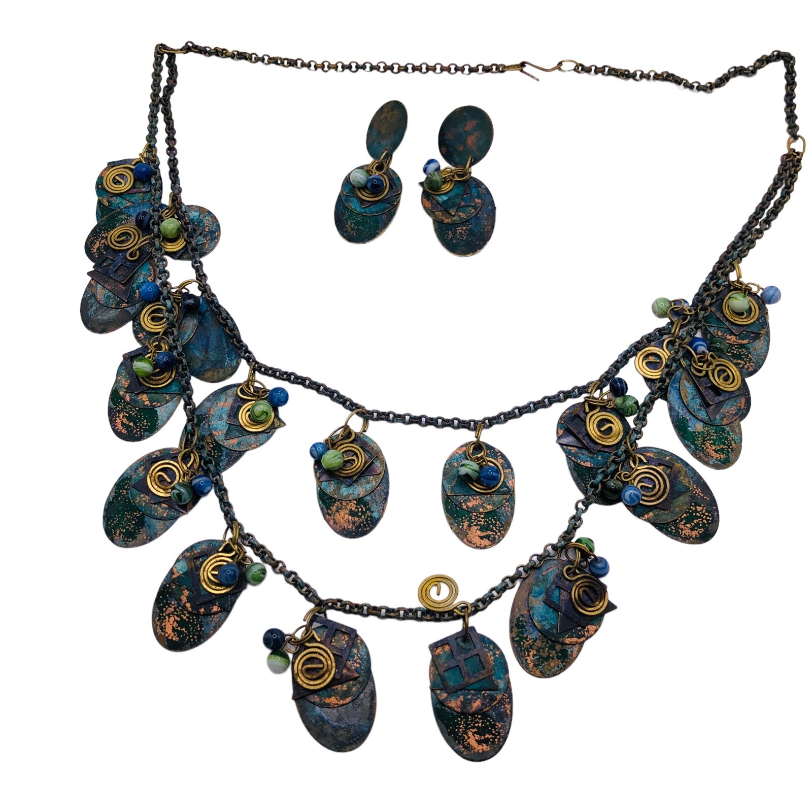 Artisan Copper Disc Dangle Statement Necklace Ear… - image 7