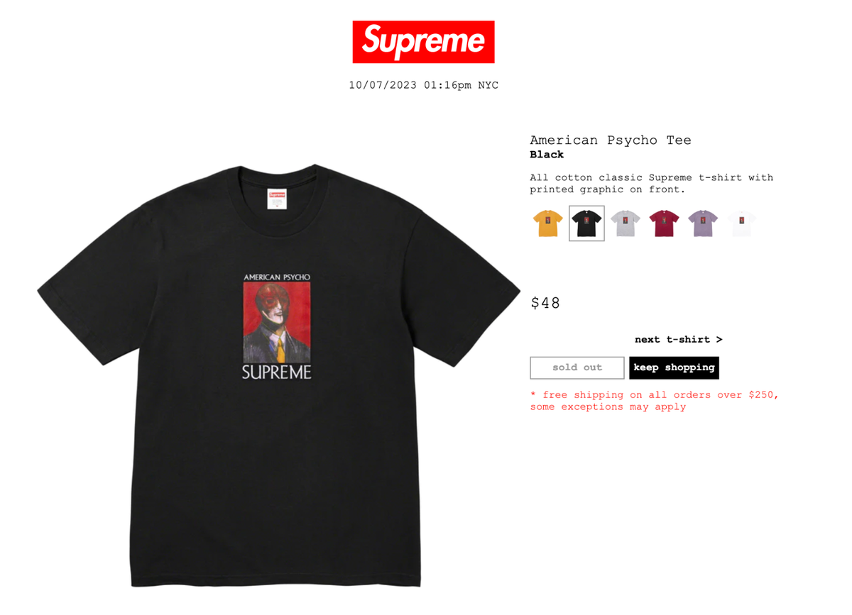 SUPREME AMERICAN PSYCHO TEE (BLACK) (XL) FW23 BANDANA CAMO SUPREME AMERICAN PSYCHO TEE (BLACK) (XL) FW23 BANDANA CAMO