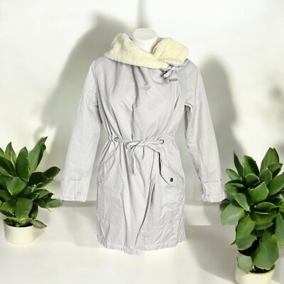 ASOS Gray Winter Jacket Faux Shearling Hood Pockets Belted Size