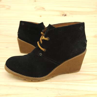 Sperry Women's Ankle Boots Sz Black Suede Wedge Booties Lace Up Comfort  Chunky