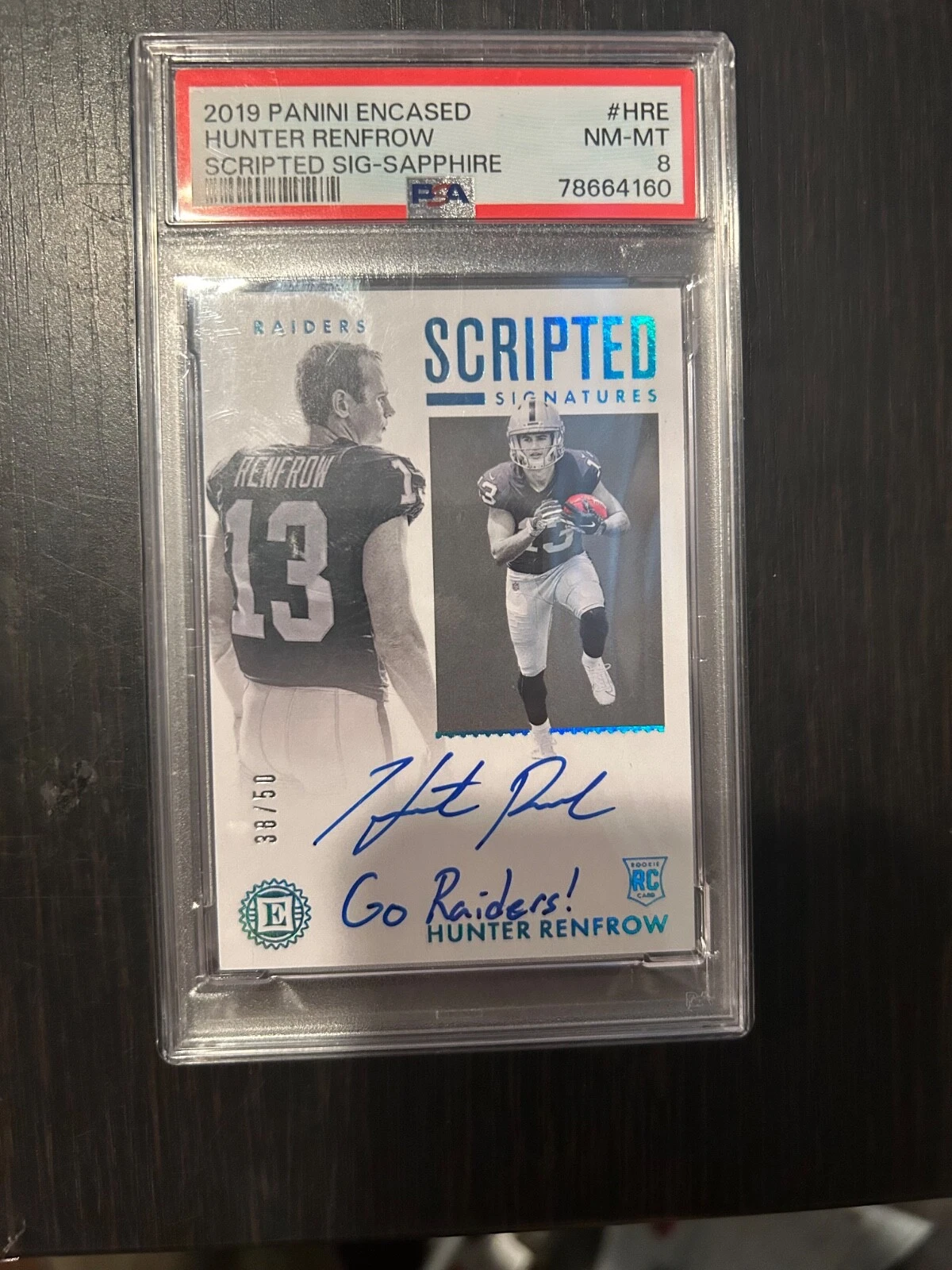 Hunter Renfrow Panini Encased Scripted Signatures #HRE Sapphire