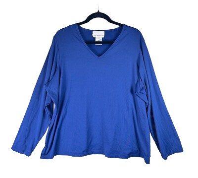 Susan Graver Womens Plus Size 2X Ponte Blue Top Long Sleeve Stretch Shirt V Neck