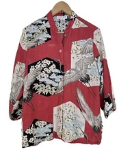 Citron Santa Monica Silk Tunic Mandarin Collar Cranes Blossom Colorful Blouse M