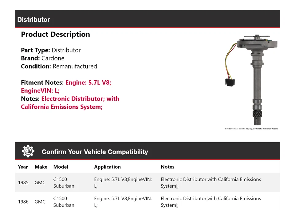 Para GMC C1500 1985-1986 Suburban 5,7 L V8 Distribuidor Cardone Foto 2 de 4