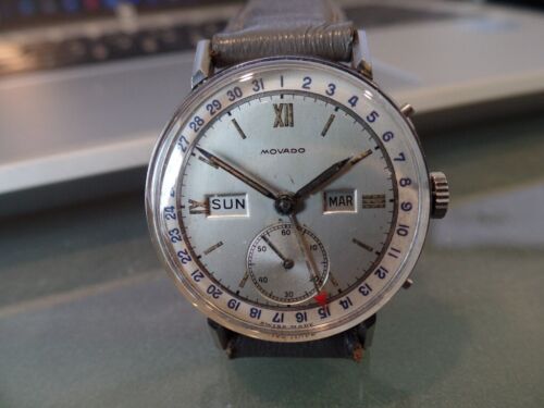 Vintage Movado Triple Calendar Original Roman Dial Stainless Steel 40's