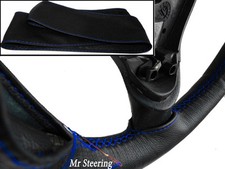 F&uuml;r 71-89 Mercedes Sl R107 Real Schwarz Leder Lenkrad Abdeckung Blau Naht